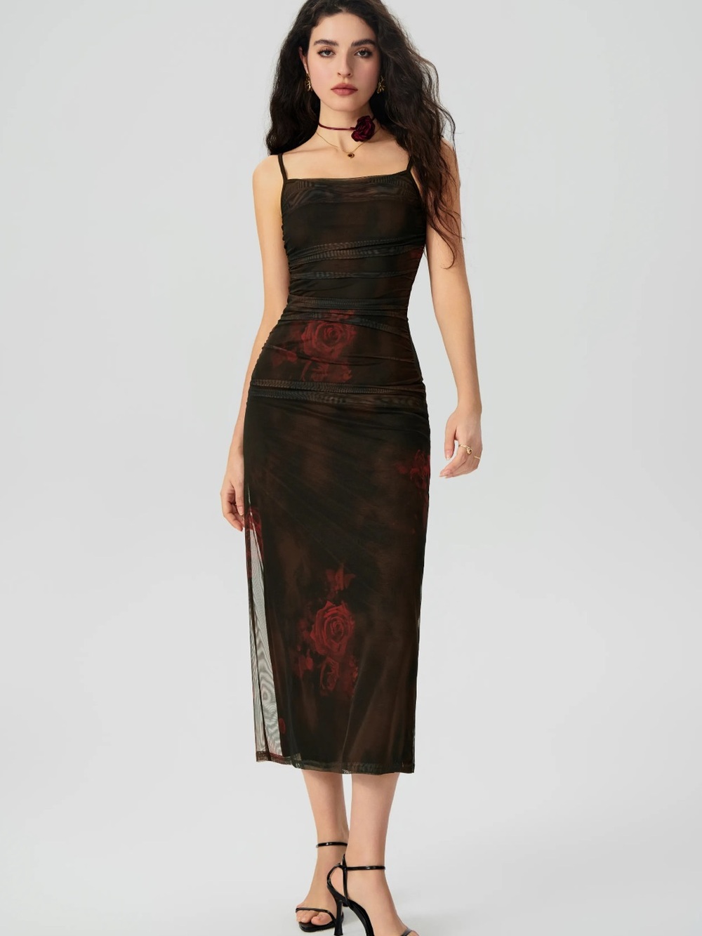 Cider Black Midi Mesh Slip Dress with Red Rose Print